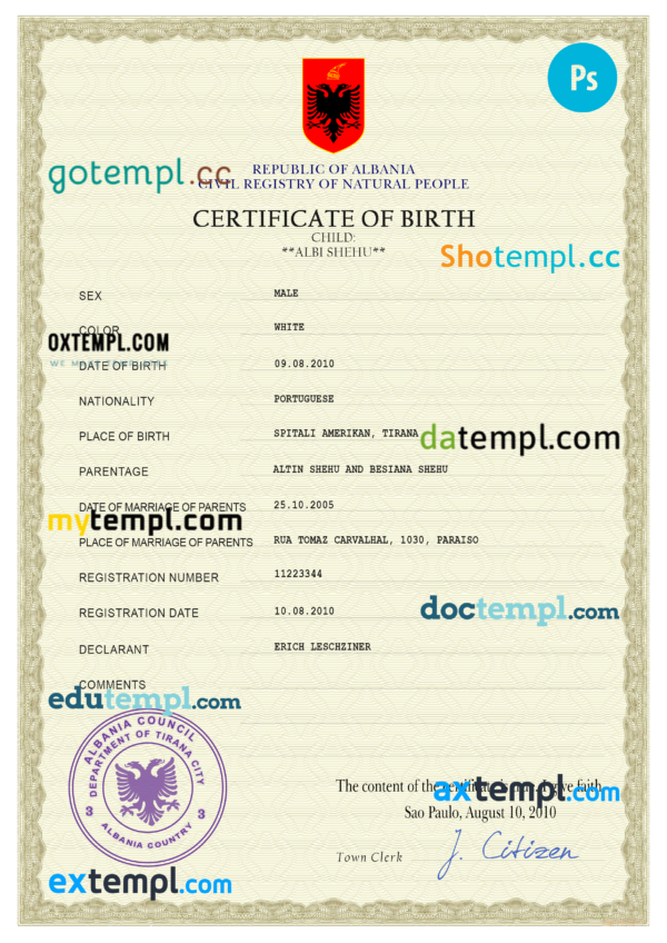 Albania birth certificate PSD template, completely editable