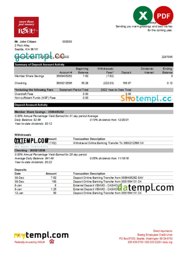 Australia BECU bank statement easy to fill template in Excel and PDF format, 2 pages