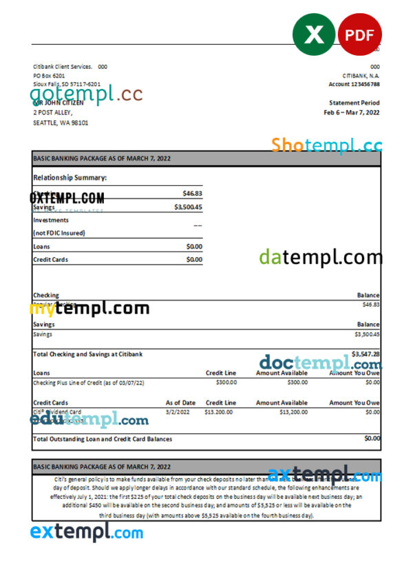 Australia Citibank bank statement easy to fill template in Excel and PDF format