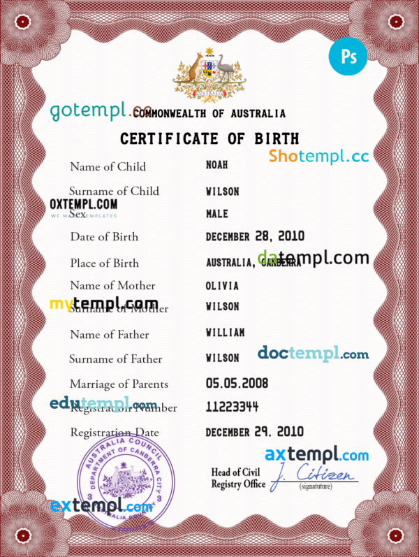 Australia vital record birth certificate PSD template