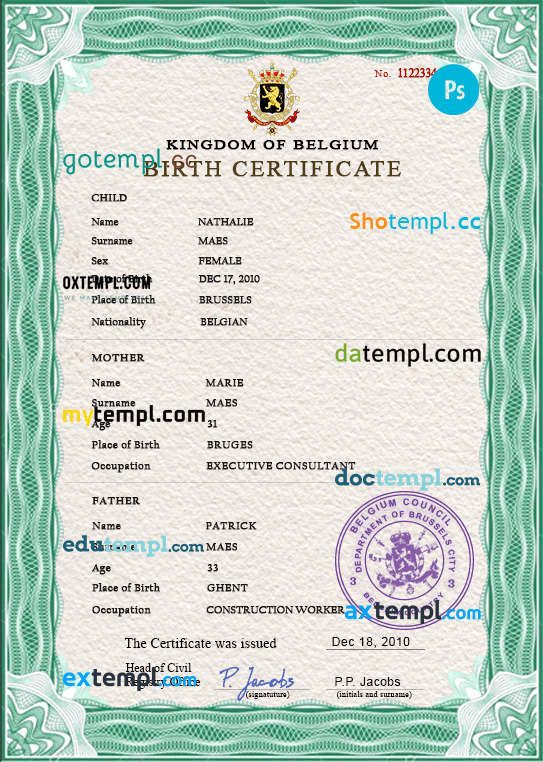 Belgium vital record birth certificate PSD template, fully editable