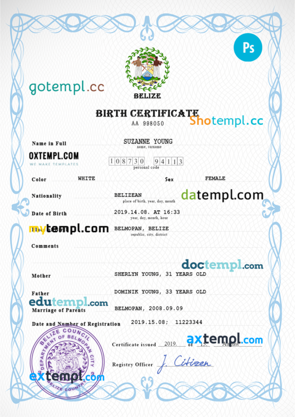 Belize vital record birth certificate PSD template