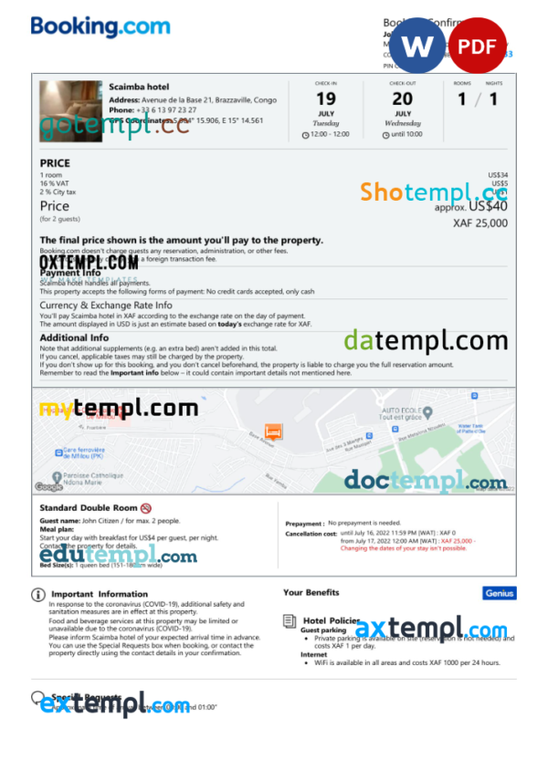 Congo hotel booking confirmation Word and PDF template, 2 pages