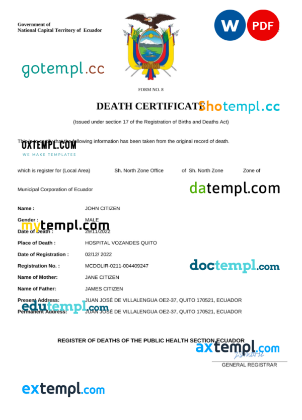 Ecuador vital record death certificate Word and PDF template