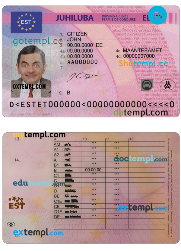 Estonia driving license PSD template, fully editable