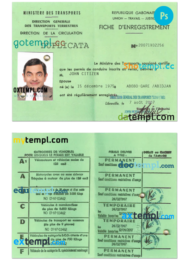 GABON driving license PSD template, with fonts