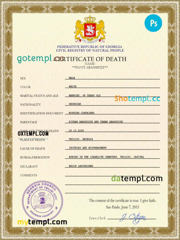 Georgia vital record death certificate PSD template, fully editable