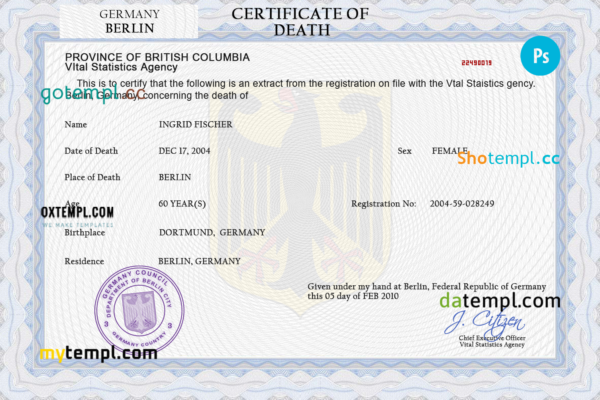 Germany death certificate PSD template, completely editable