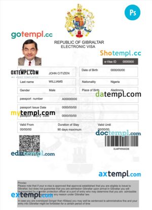 Gibraltar electronic visa PSD template, completely editable