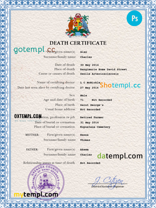 Grenada death certificate PSD template, completely editable