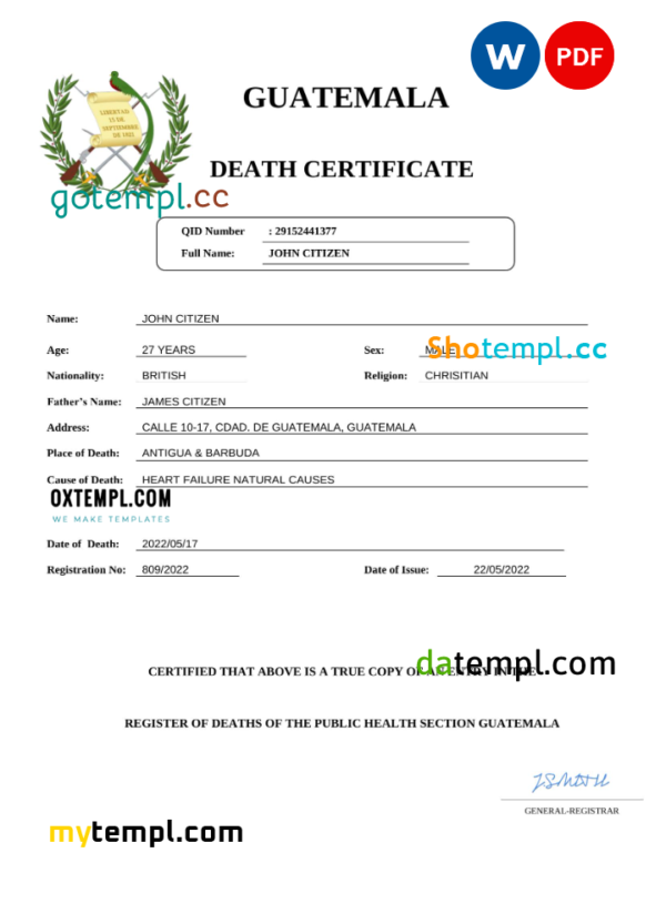 Guatemala death certificate Word and PDF template, completely editable