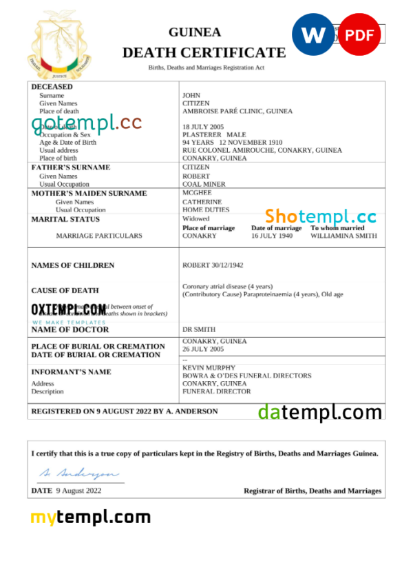 Guinea death certificate Word and PDF template, completely editable