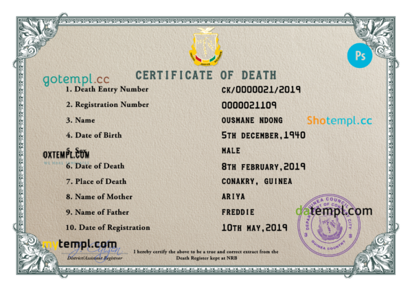 Guinea death certificate PSD template, completely editable