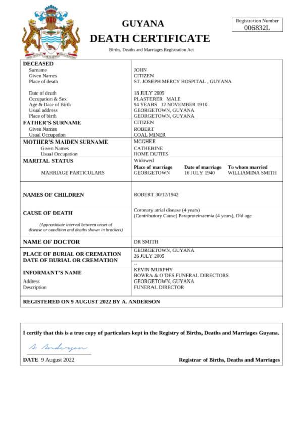 Guyana death certificate Word and PDF template, completely editable
