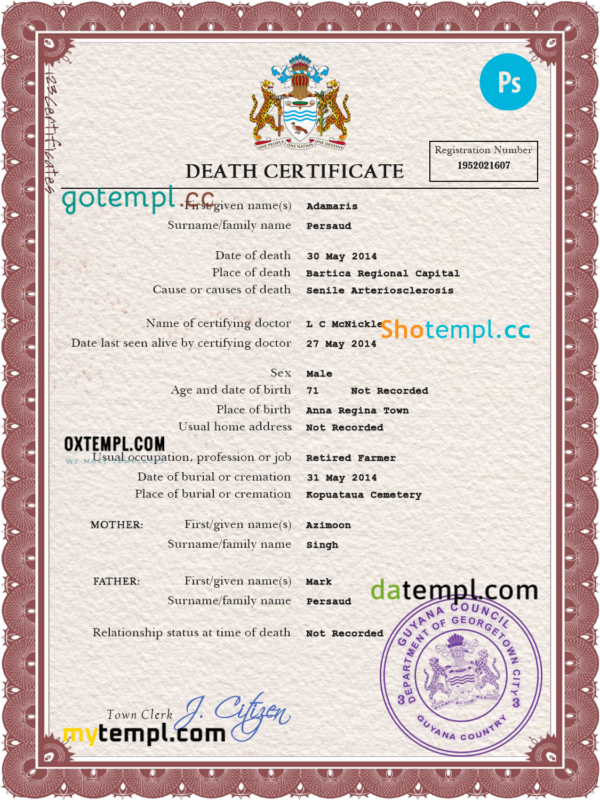 Guyana vital record death certificate PSD template