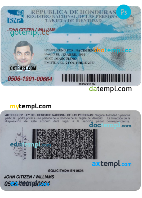 HONDURAS identity card PSD template, with fonts