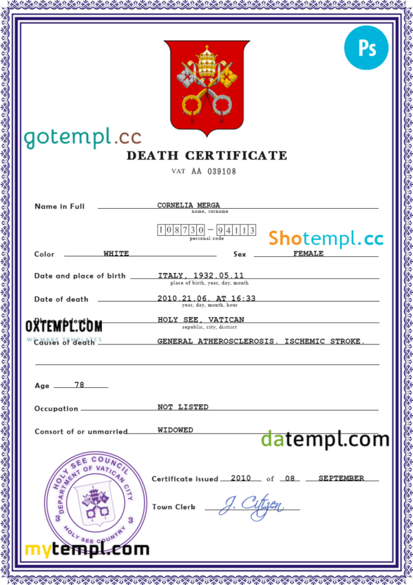 Holy See vital record death certificate PSD template, fully editable