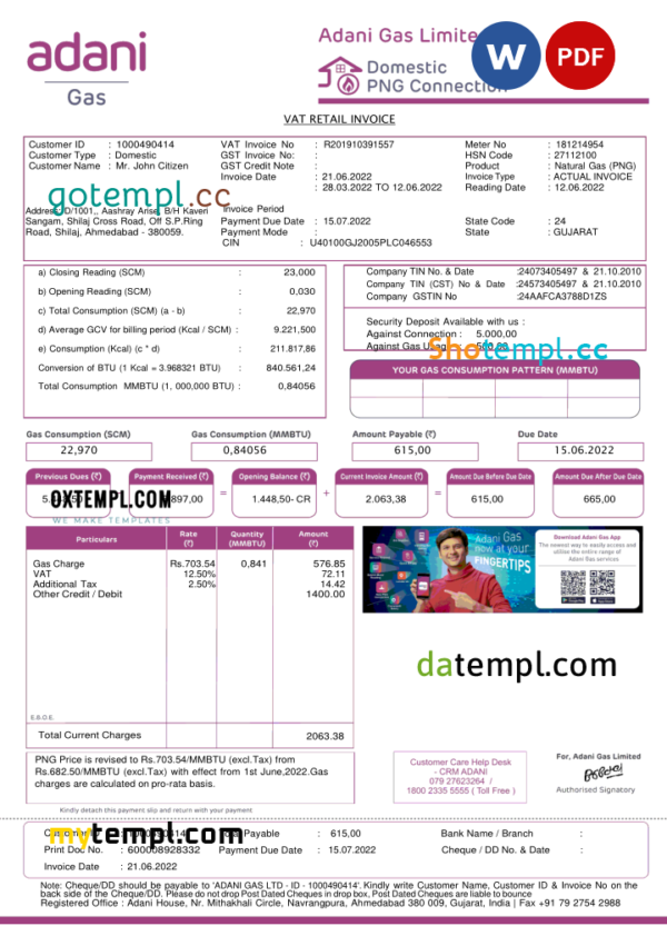 India Adani utility bill template in Word and PDF format