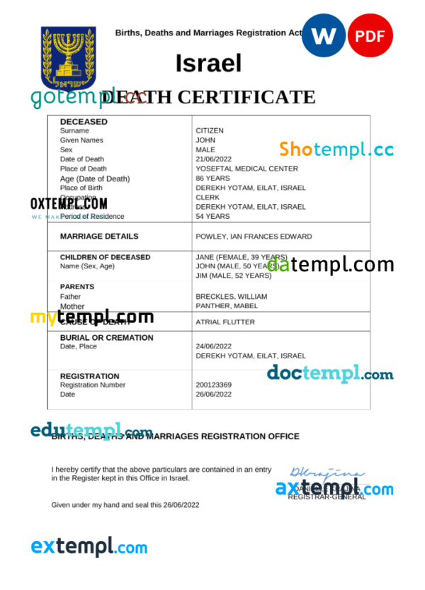 Israel death certificate Word and PDF template, completely editable