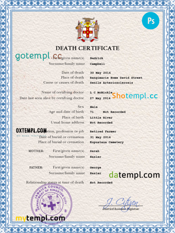Jamaica death certificate PSD template, completely editable