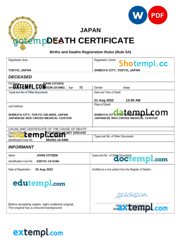 Japan death certificate Word and PDF template, completely editable