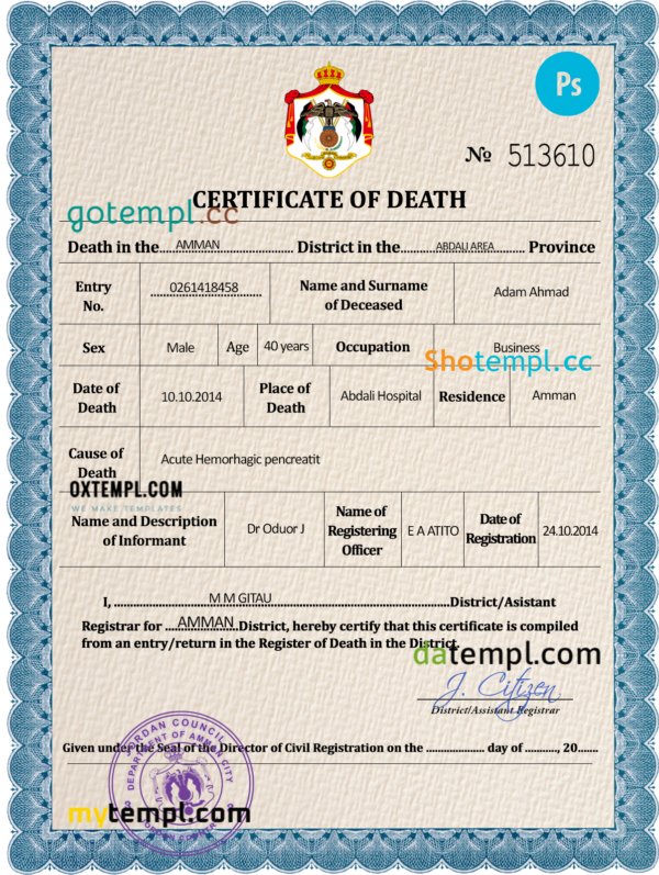 Jordan vital record death certificate PSD template, completely editable