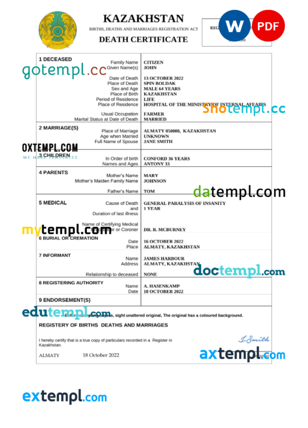 Kazakhstan death certificate Word and PDF template, completely editable