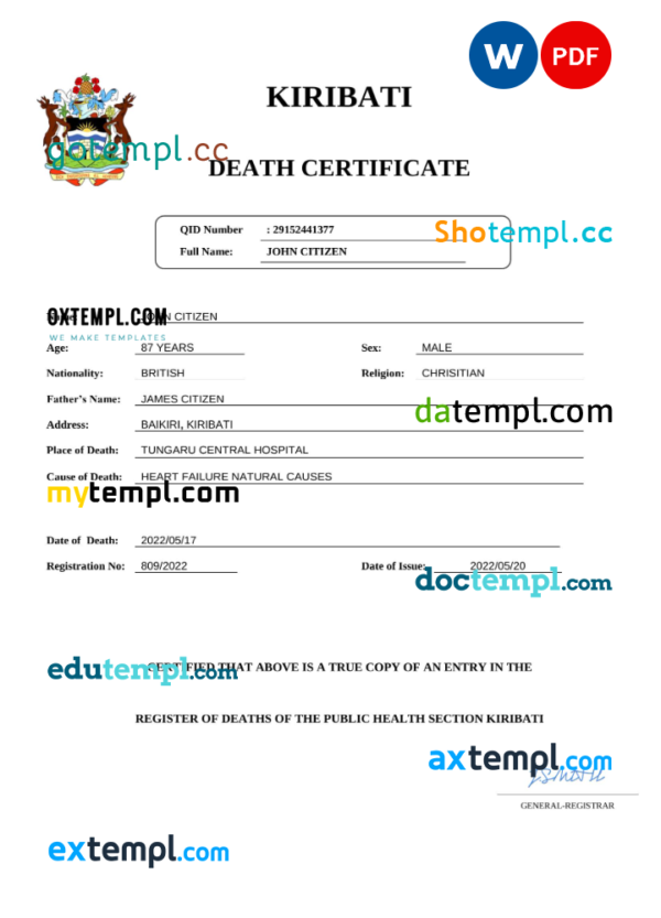 Kiribati vital record death certificate Word and PDF template