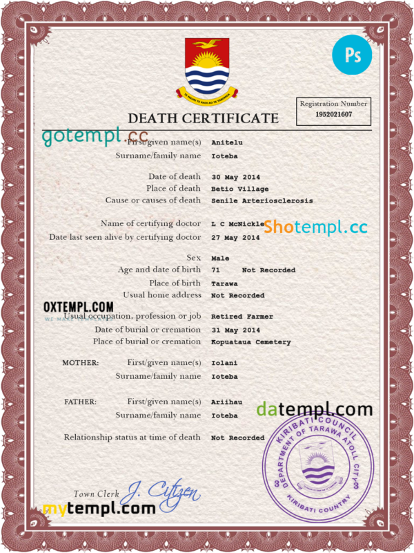Kiribati death certificate PSD template, completely editable