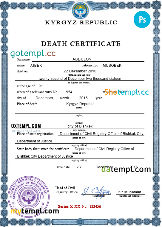 Kyrgyzstan death certificate PSD template, completely editable
