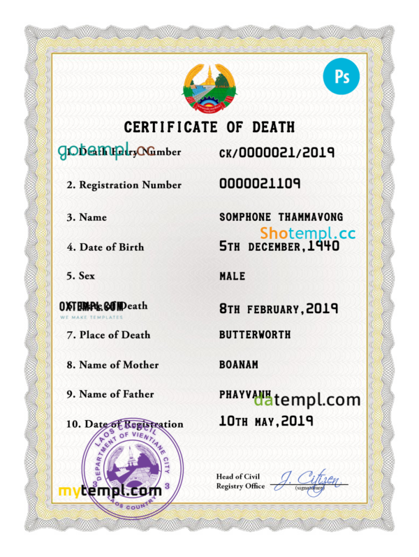 Laos vital record death certificate PSD template, fully editable