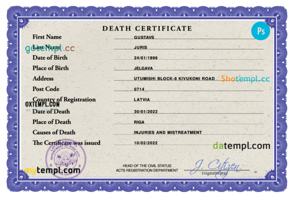 Latvia death certificate PSD template, completely editable