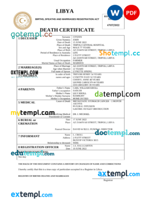Libya death certificate Word and PDF template, completely editable