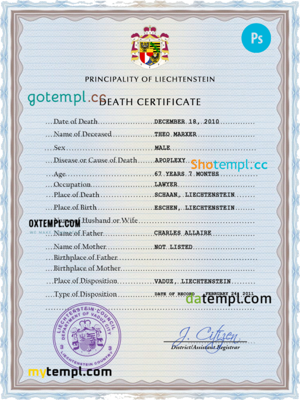 Liechtenstein vital record death certificate PSD template