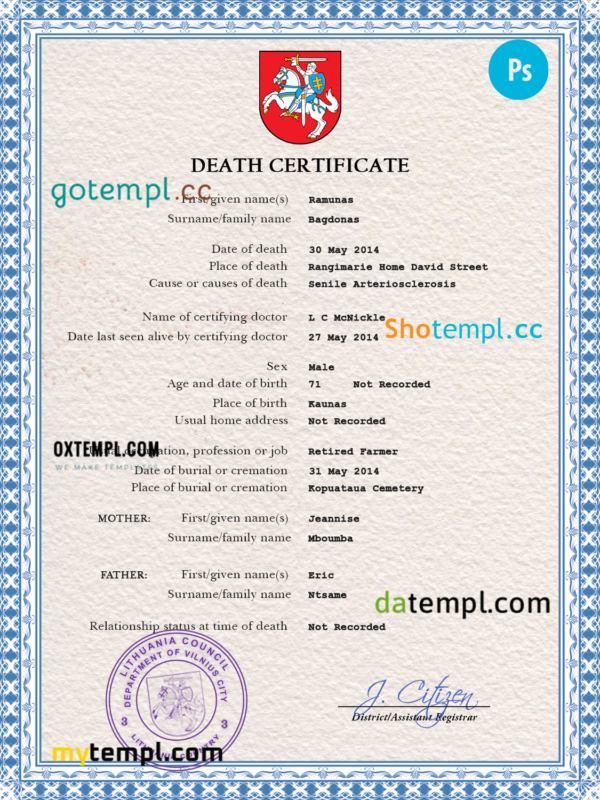 Lithuania death certificate PSD template, completely editable