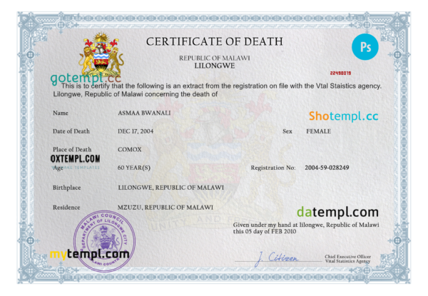 Malawi death certificate PSD template, completely editable