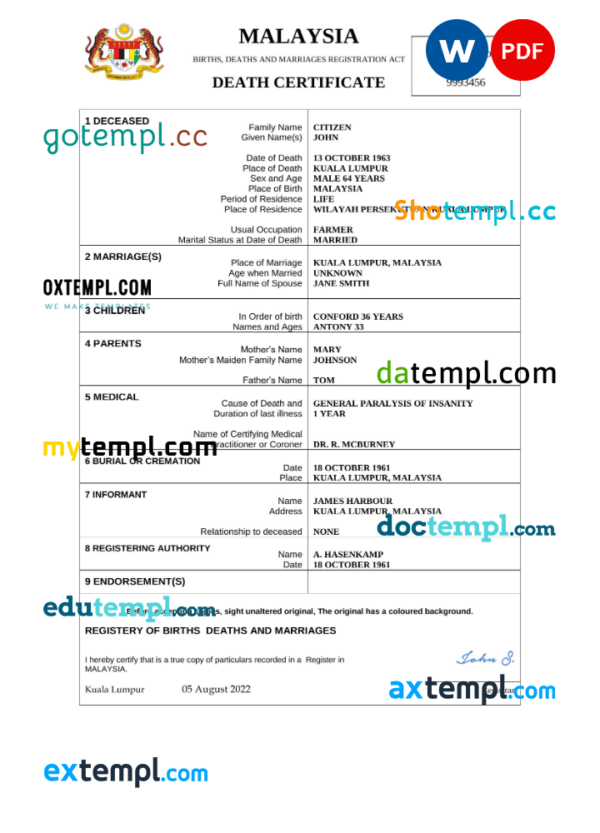 Malaysia death certificate Word and PDF template, completely editable
