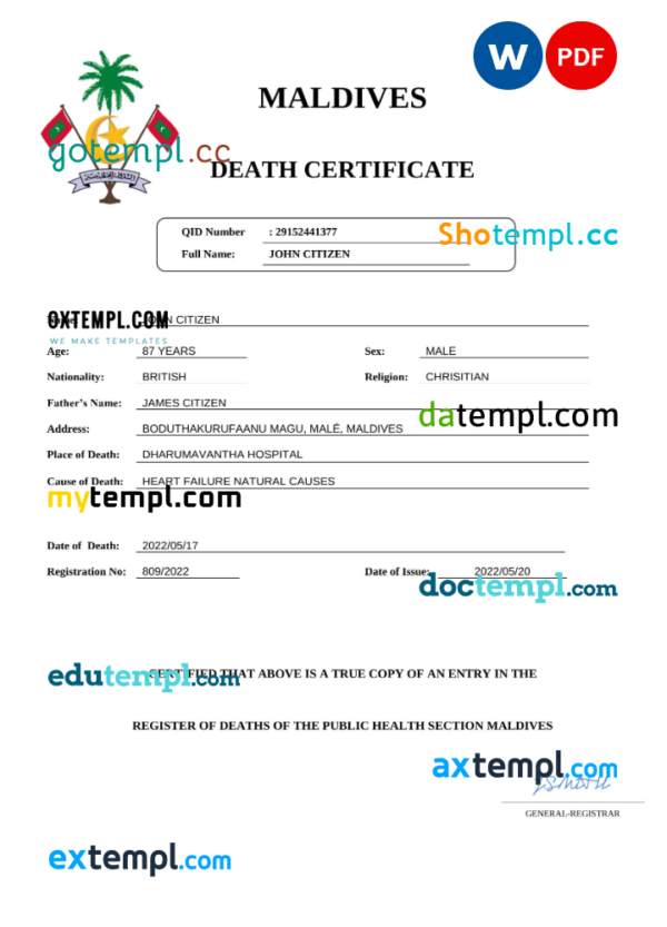 Maldives vital record death certificate Word and PDF template