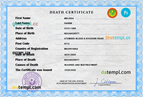 Mauritania vital record death certificate PSD template, fully editable