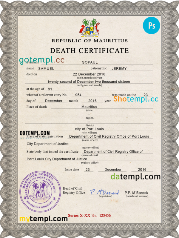 Mauritius vital record death certificate PSD template