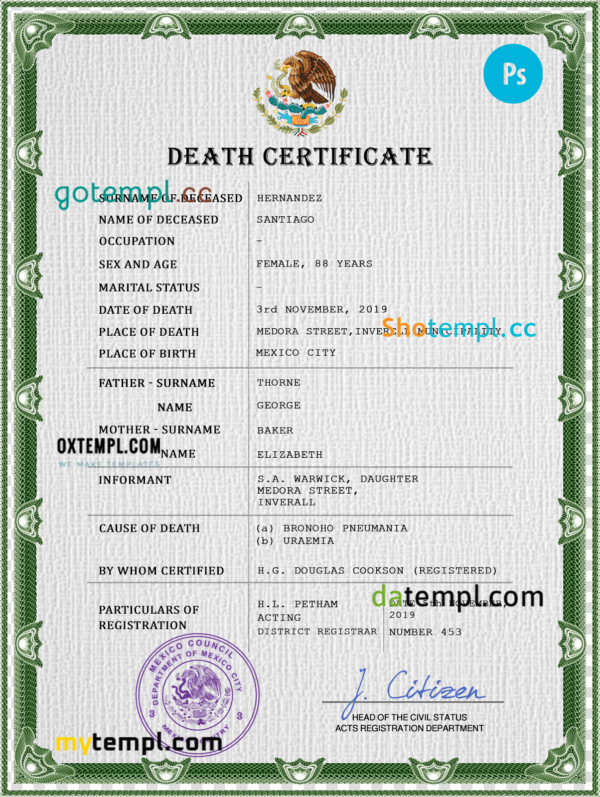 Mexico death certificate PSD template, completely editable