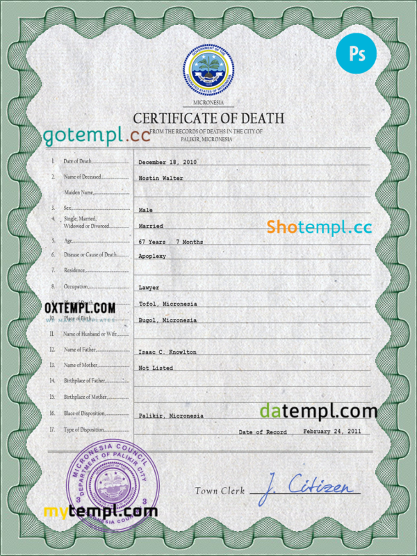 Micronesia vital record death certificate PSD template, fully editable