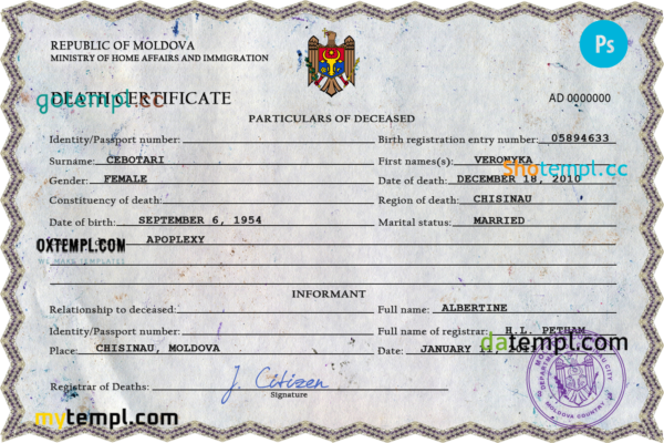 Moldova vital record death certificate PSD template, completely editable