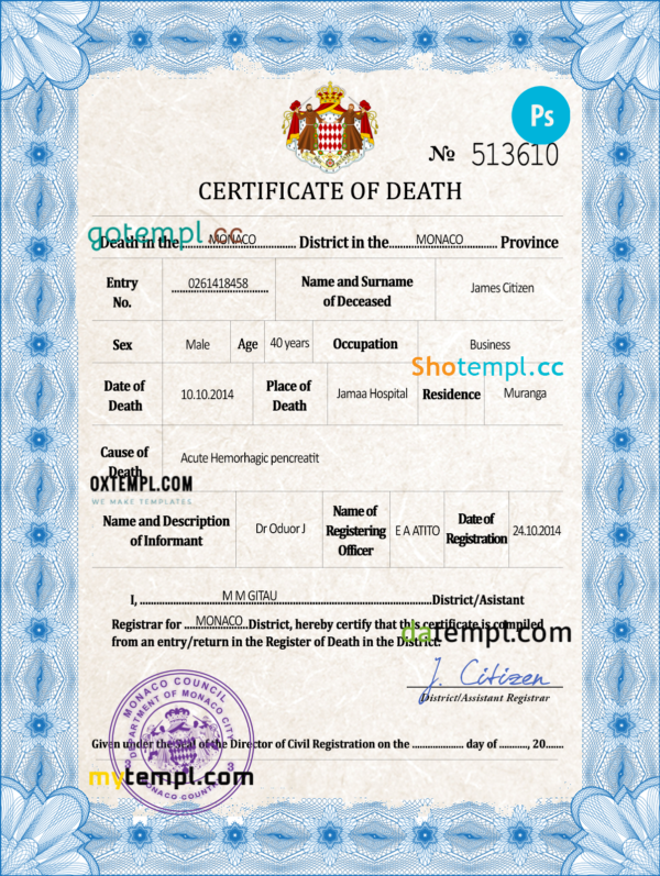 Monaco vital record death certificate PSD template