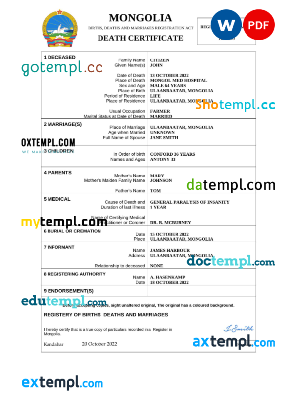 Mongolia vital record death certificate Word and PDF template
