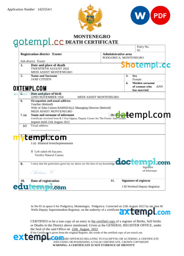 Montenegro death certificate Word and PDF template, completely editable