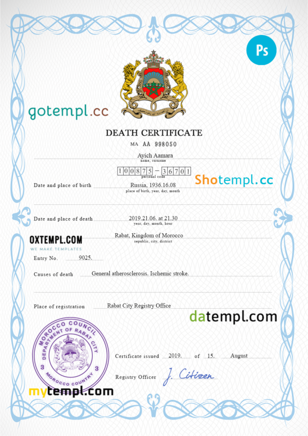 Morocco vital record death certificate PSD template, completely editable