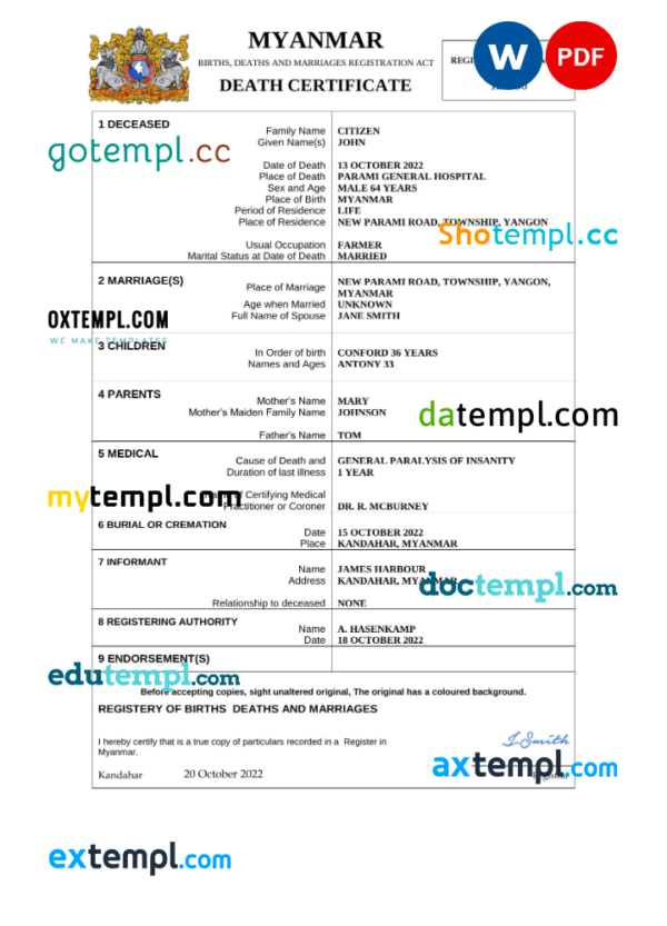 Myanmar death certificate Word and PDF template, completely editable