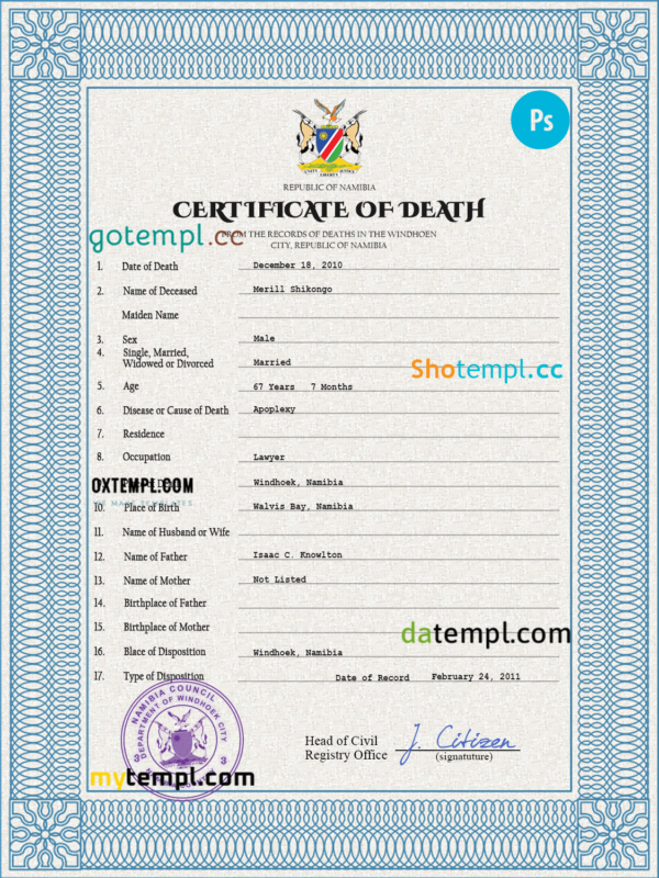Namibia vital record death certificate PSD template