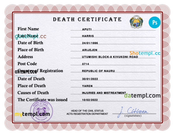 Nauru vital record death certificate PSD template, fully editable